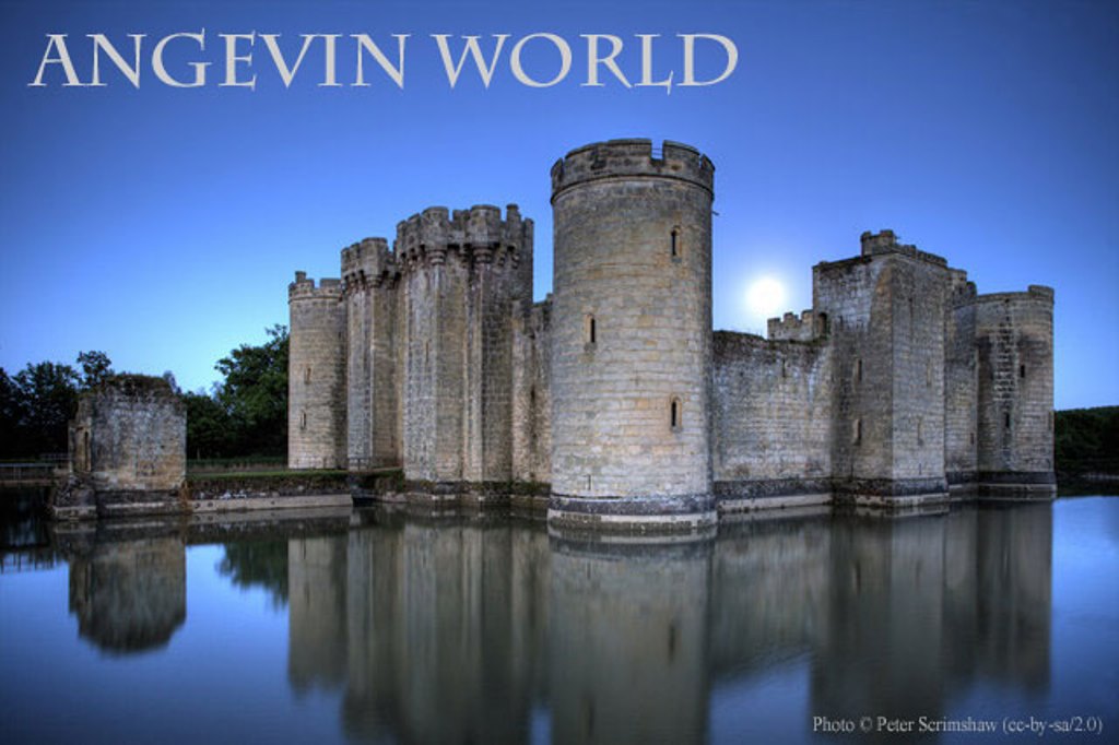 Angevin World banner with Bodiam castle reflected in lake at night