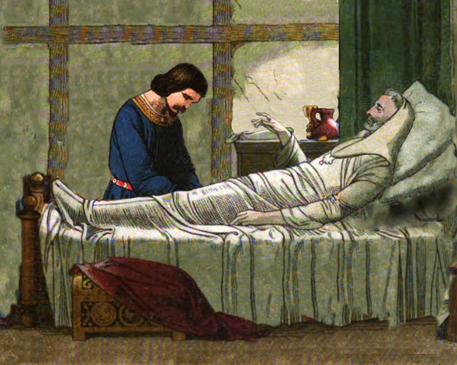 Illustration of King Stephen on his deathbed with his son, William. Based on works by Edmund Evans, 1826-1905