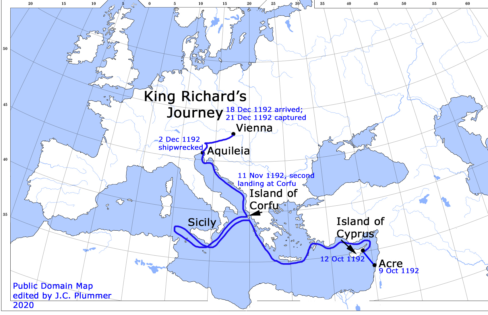 Map of Europe and Mediterranean showing King Richard's journey in late 1192